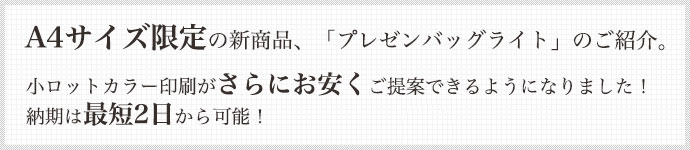 A4サイズ限定の新商品、「プレゼンバッグライト」のご紹介。小ロットカラー印刷がさらにお安くご提案できるようになりました！納期は最短3日から可能！